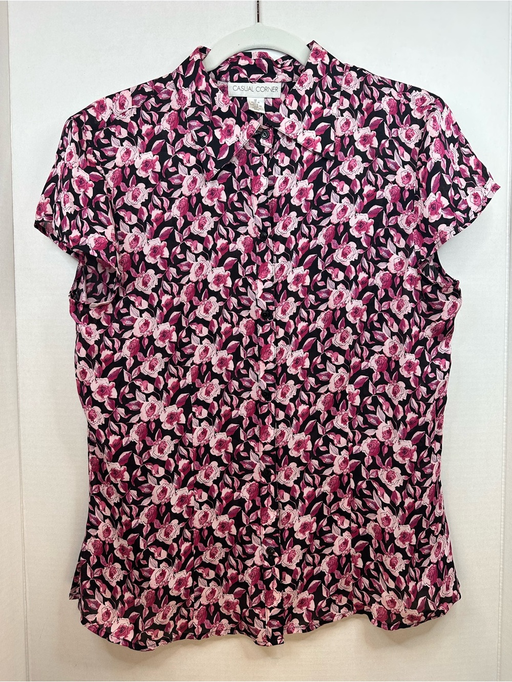 Casual Corner Black and Pink Floral Button-Up Blouse, 100% Silk, Large